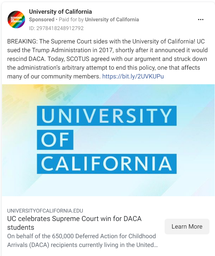 University of California Facebook Ad