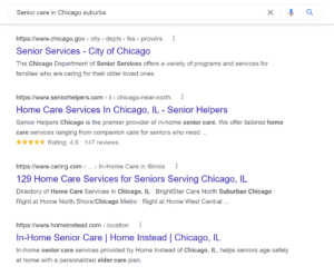 Page one rankings, senior care in Chicago