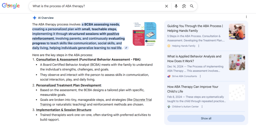 search query for ABA therapy being populated with an AI overview